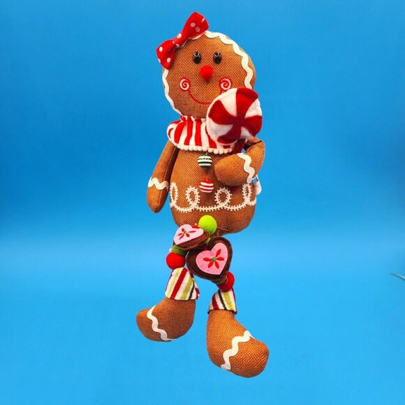 Gingerbread Girl Plush Shelf Sitter Doll Peppermint & Polka Dot Bow Holiday Deco - Picture 3 of 8